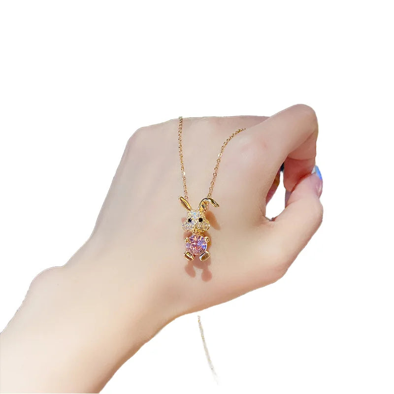 Titanium Steel Gold Plated Funny Rabbit Pendant Necklace for Women Pink Crystal Zircon Link Chain Birthday Gift Stainless Steel