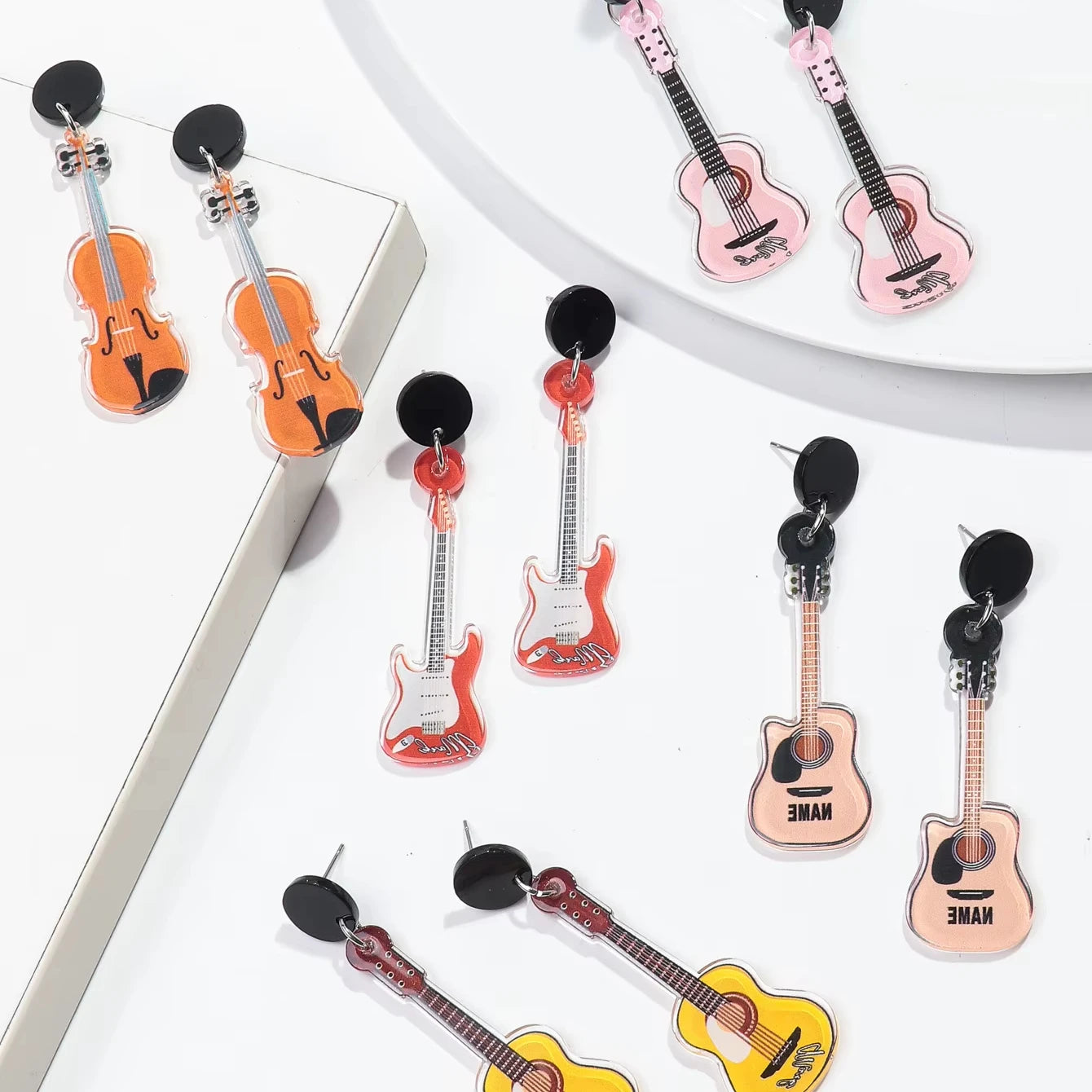 Yiwu Wholesale Colorful Musical Instruments Pop Music Bass Violin Funny Guitar Casual Fashion Jewelry Acrylic Drop Earrings
