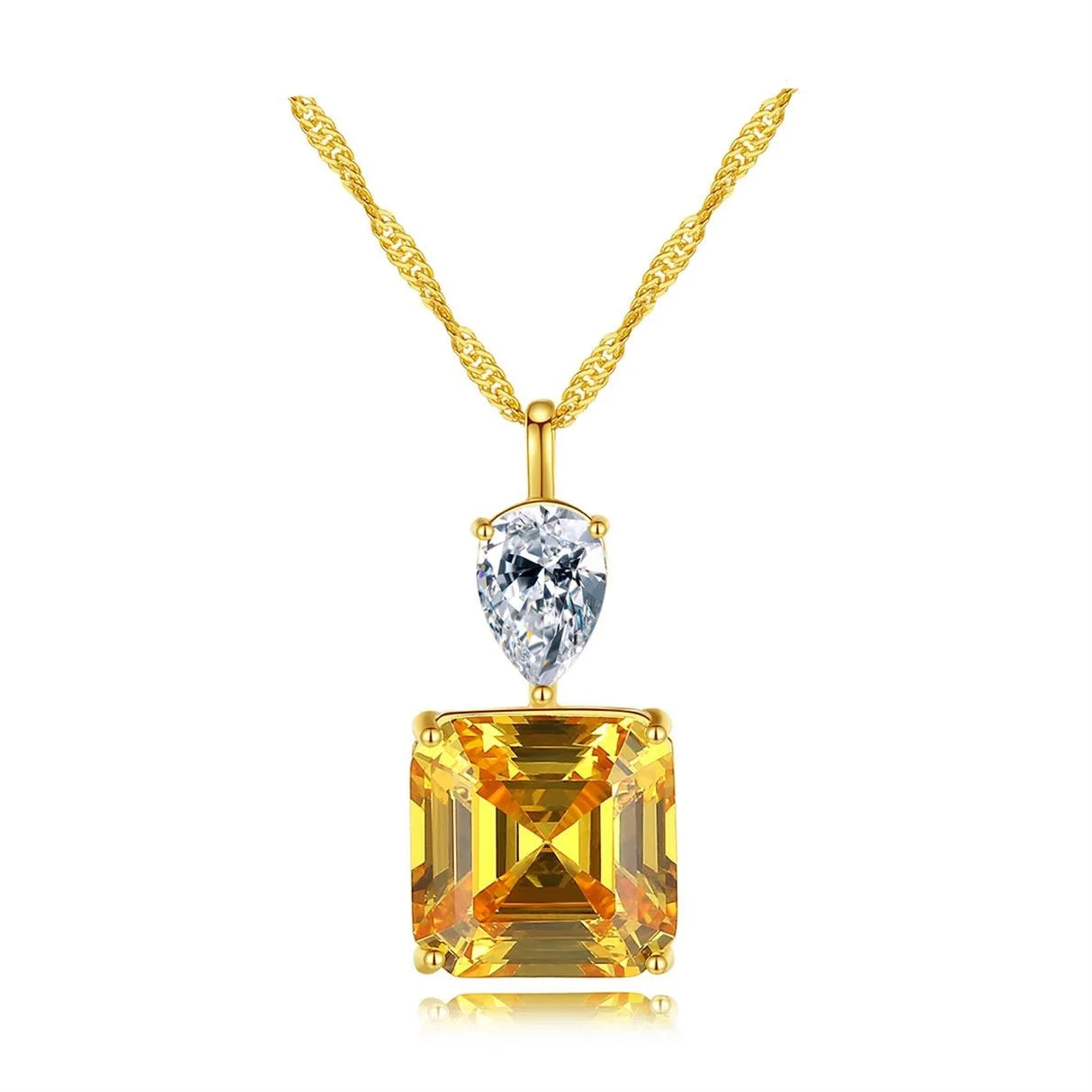 ACME  S925 Sterling Silver Gold Plated Twisted  Rope Chain Necklace Square Yellow Crystal Gemstone Pendant Necklace for Women