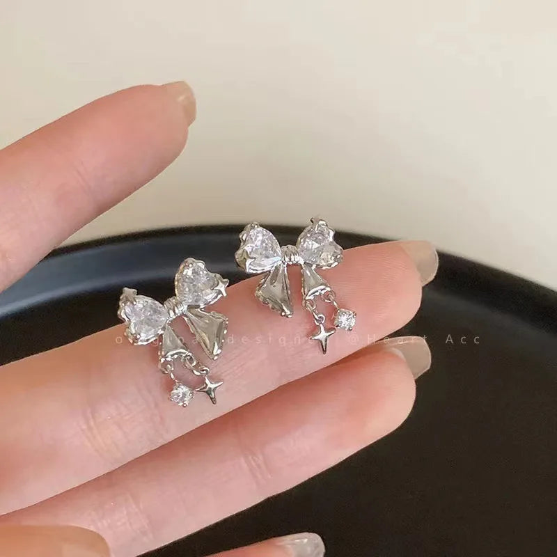 AA00943 S925 Silver Cubic Zirconia Bow Tie Stud Earring Bling Sterling Silver Cubic Zircon Bow Knot Earring