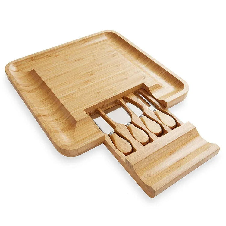 Bamboo Cheese Board and Knife Set with Hidden Drawer 33x33x3cm Square Chopping Block 1.5cm Thick Custom Logo & Packaging
