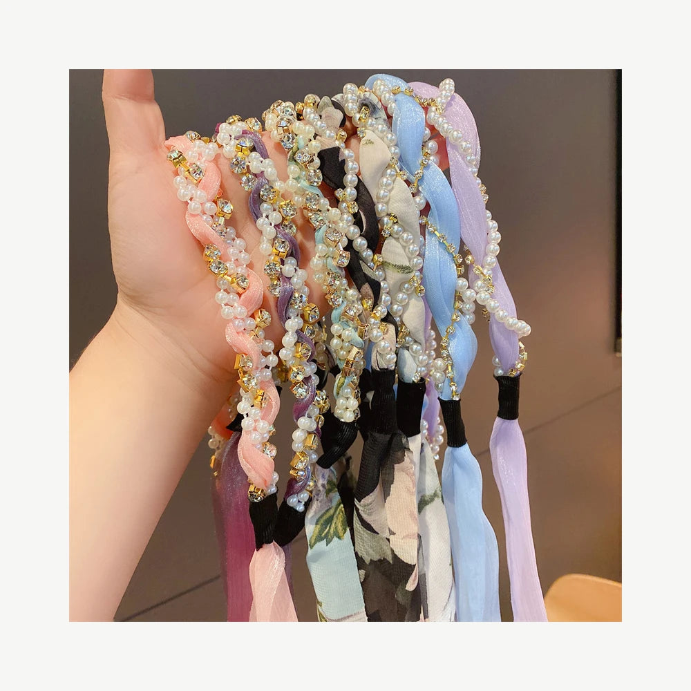 Girls Big Bow Ribbon Ponytail Scarf Chiffon Hairbands Headband Hair Hoop Full Diamond Twist Braid Pearl Rhinestone Headband
