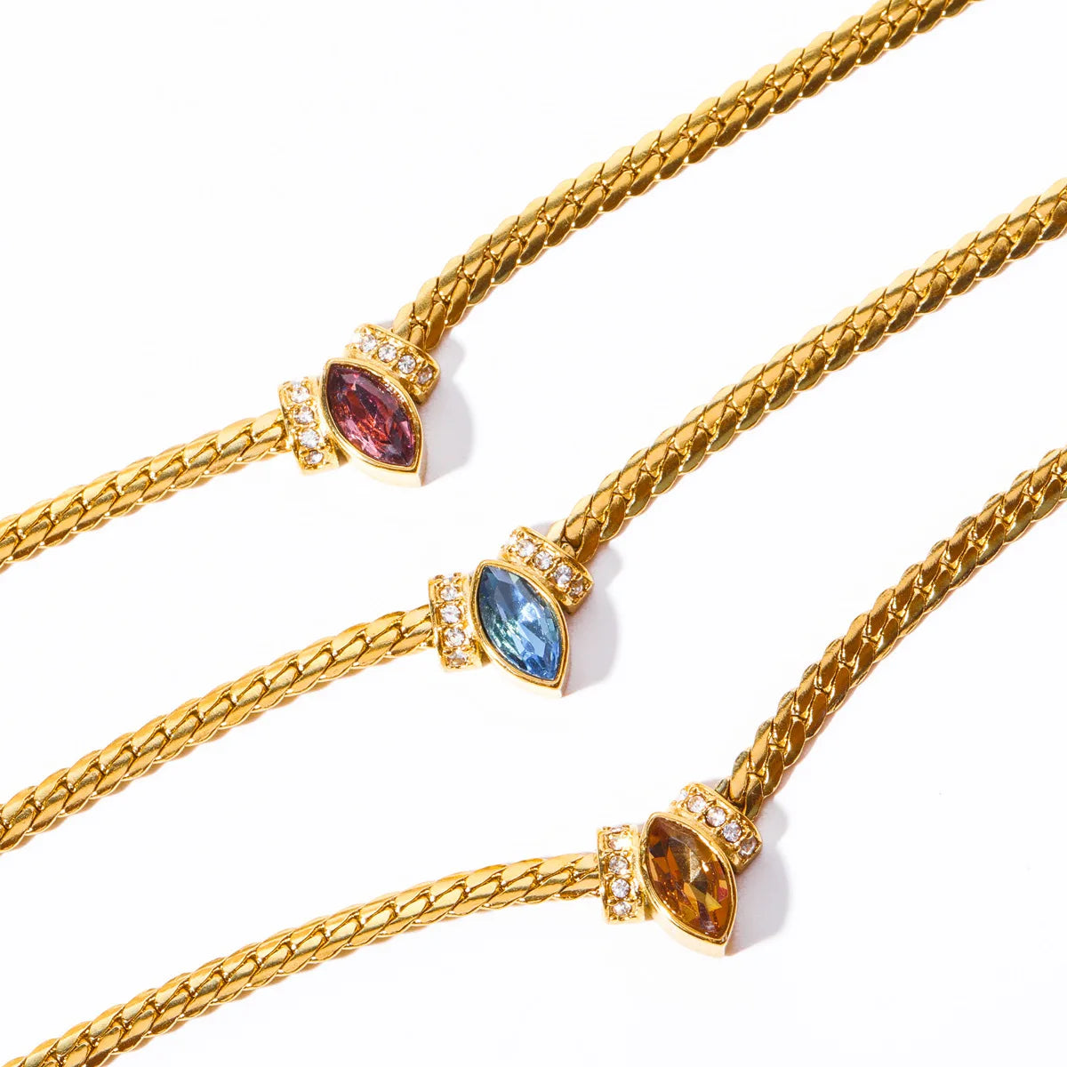 Hip Hop 18K Gold Plated Stainless Steel Snake Bone Chain Necklace Colorful Cubic Zirconia Water Drop Cuban Chain Necklace