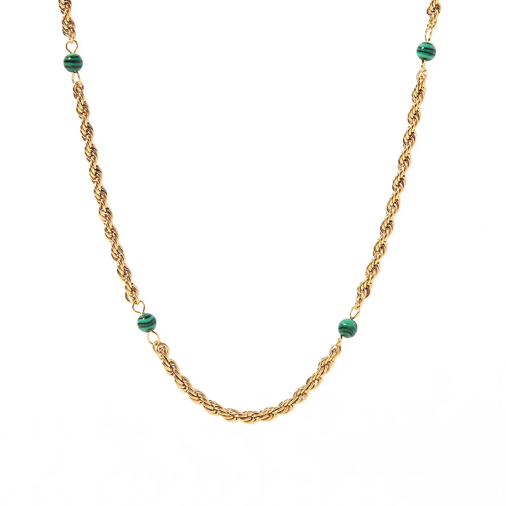 Fashion Jewelry Cadenas Round Bead Chain Necklace Stainless Steel Rope Chain Green Malachite Bead Necklace