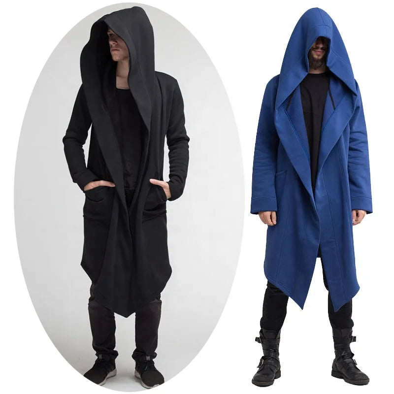 Mens Long Coats Fleece Hooded Cardigan Steampunk Cloak Hoodie Gothic Drape Cape Punk Jacket Autumn Clothes Frock Coat