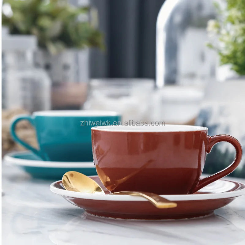 Wholesale China Bone Coffee Mug Set Cappuccino Cups Ceramic Latte Serious Capacity Coffee Mugs With Saucer
