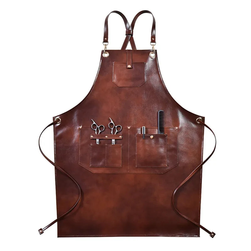 Europe Korea United States High End Vintage Custom Barbecue Kitchen Chef Baking Pocket Practical Brown Leather Belt Long Apron