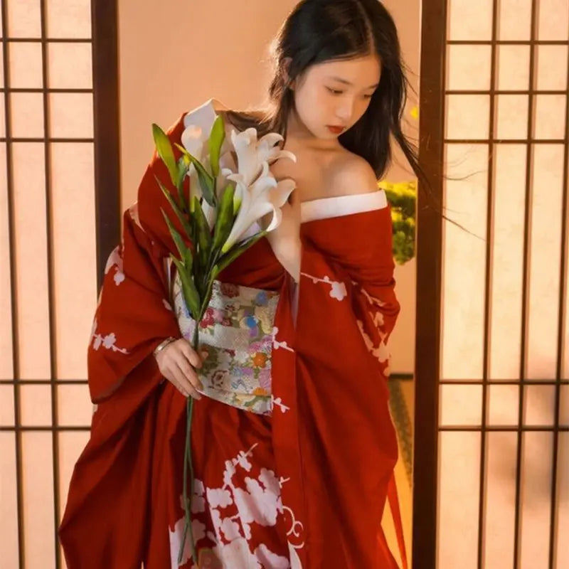 2026 Sexy Women Girls Japanese Traditional Kimono With Obi Red Color Flower Prints Long Sleeve Yukata Cosplay Stage Performing D