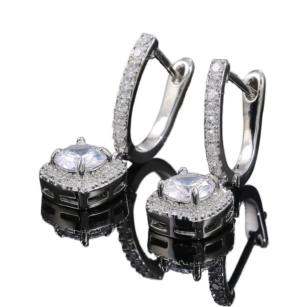 Hot Sale Fashion Delicate Brass Crystal Cubic Zircon Square Drop Silver Huggie Earrings for Women for Wedding Party or Gift
