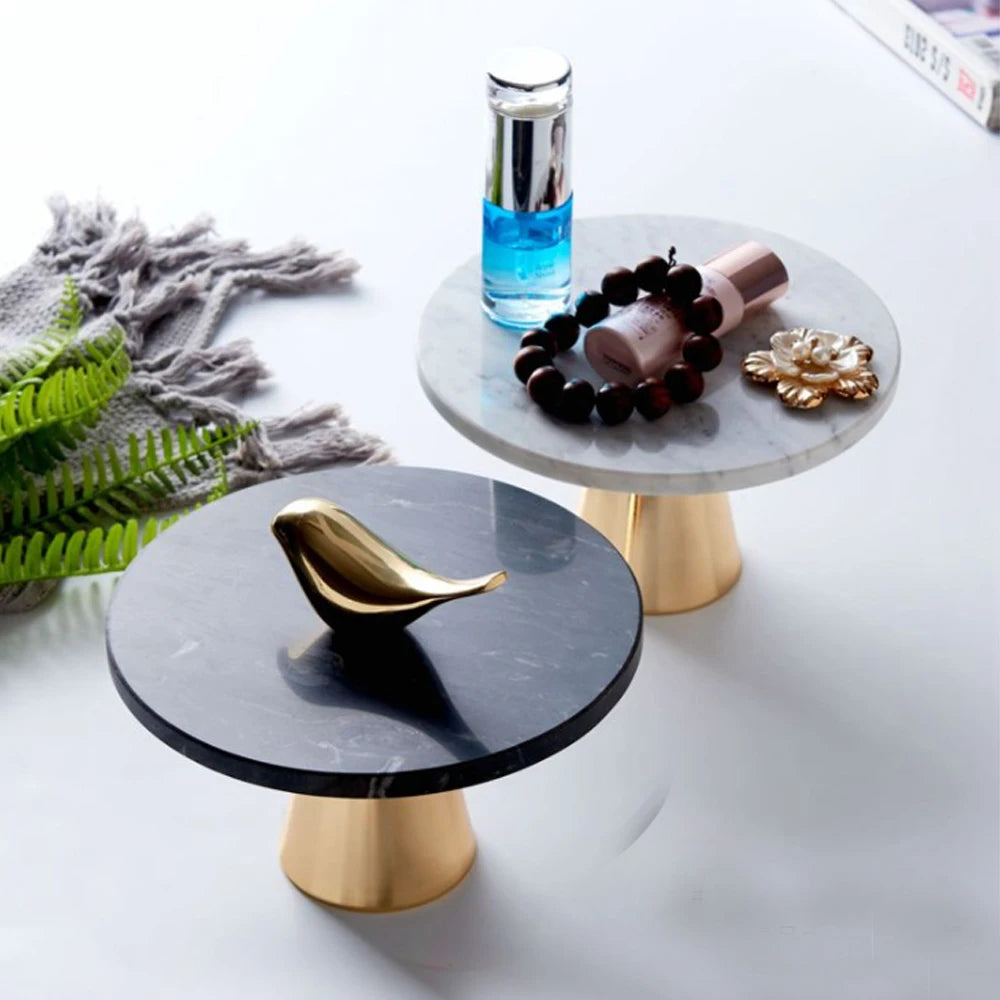 Wholesale Natural Round Luxury Marble Stone Cake Food Serving Tray with Gold Stand Base