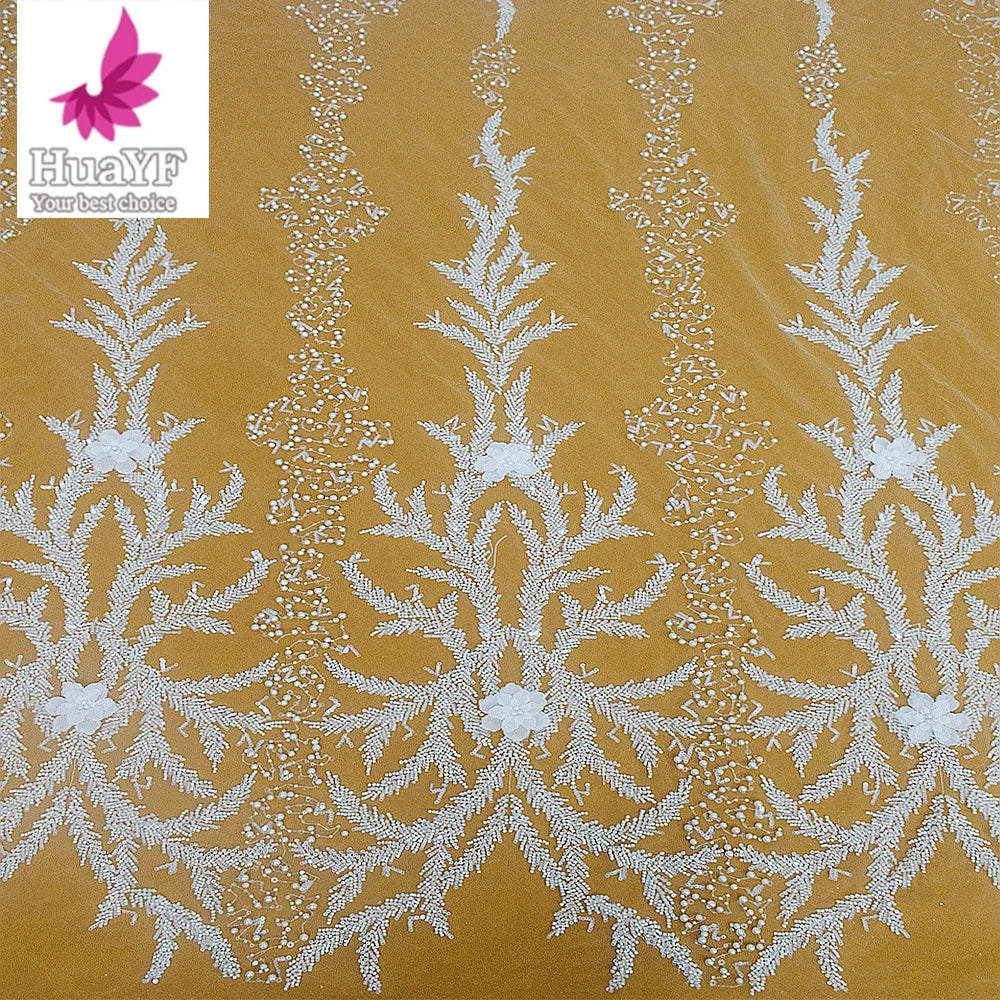 HY2935 Elegant French Pearl Sequined Lace Mesh Fabric With 3D Applique Lady White Dress Lace Accessories