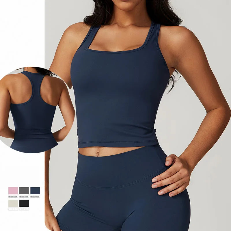 CNSHELL Custom Logo Beautiful Back Brushed Fabric Square Collar Yoga Fitness Running Gym Workout Tank Top