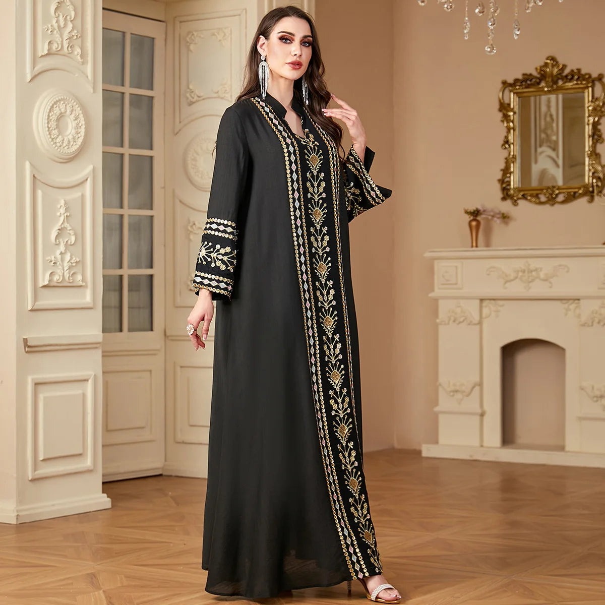 Shiny Middle East Arab Clothing Abaya Kaftan Women's Stand Collar Embroidery Sequin Abaya Wholesale
