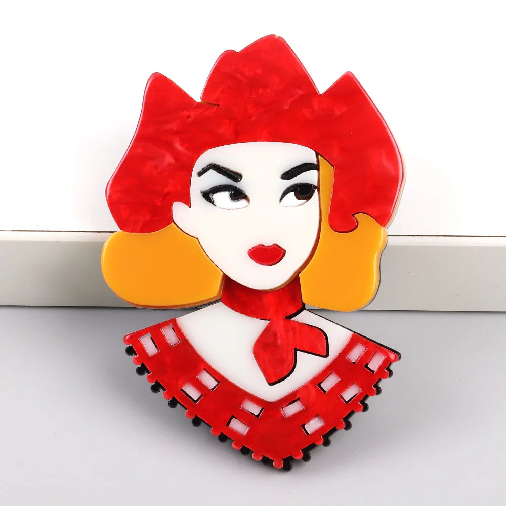 Women's Hip Hop Vintage Resin Lapel Casual Brooch Red Hat Bow Cool Girl Corsage for Wedding Western Cowboy Style