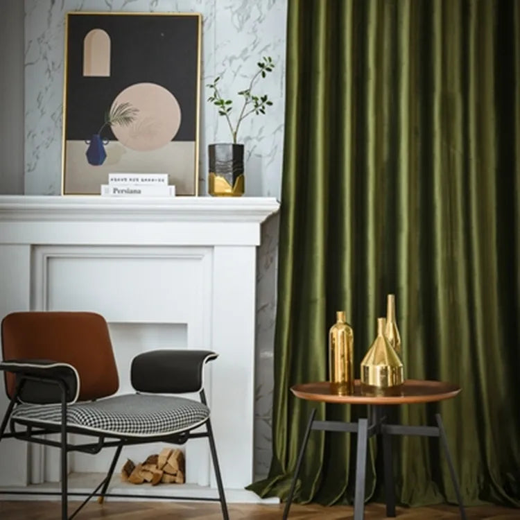 Wholesale Customized Velvet Fabric Olive Green Lint Blackout Curtain Poles Tracks Window Curtains for Living Room Bedroom