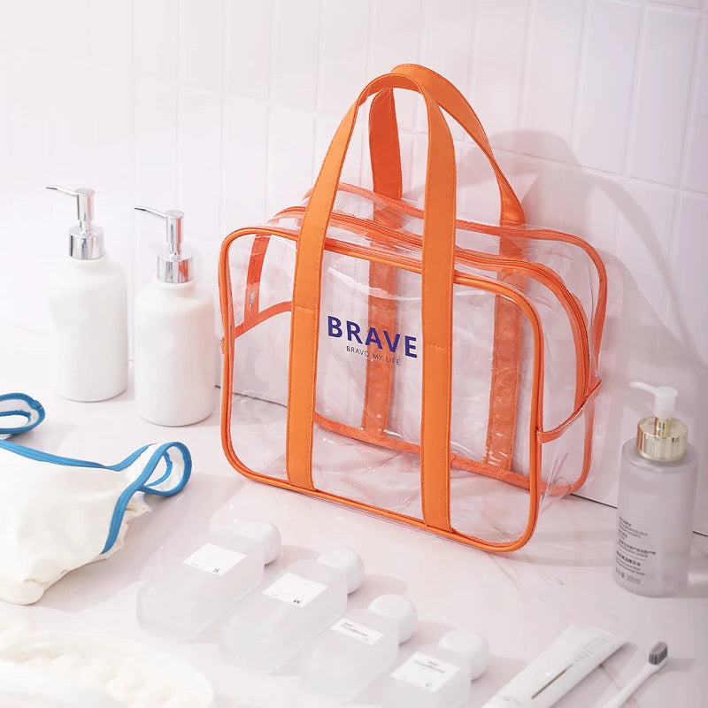 Extra Large Transparent PVC Tote Shoulder Bag Waterproof Clear Cosmetic Makeup Pouch with Zipper Closure for Toiletries Carry