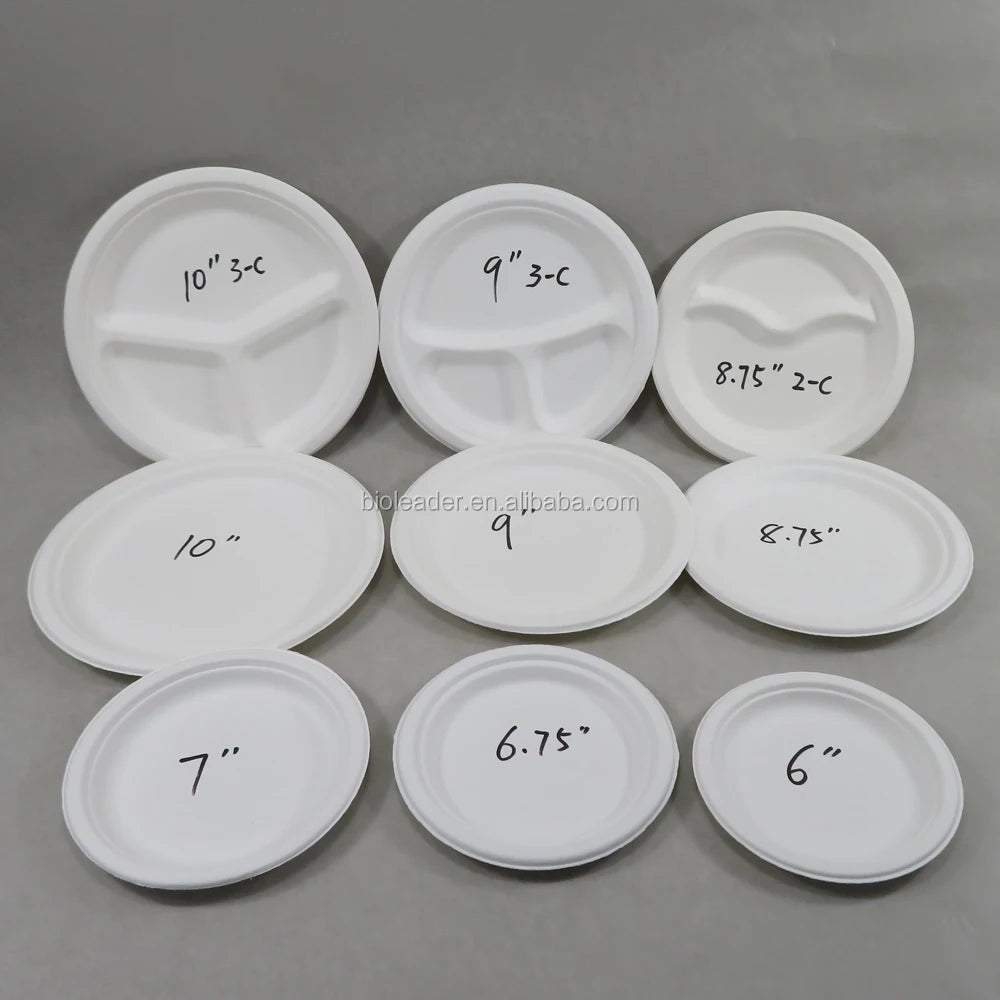 No PFAS Free Biodegradable Compostable Disposable Plates 6 7 8 9 10 Inch Sugarcane Bagasse Plate Dishes for Food