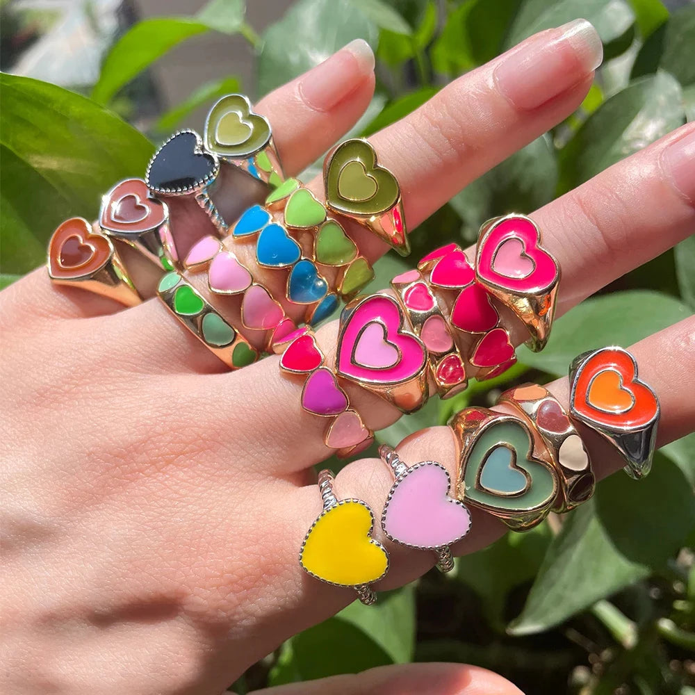 Chunky Rings Gold Plated Colorful Double Layer Love Heart Jewelry for Women Candy Color Dripping Oil INS Ring