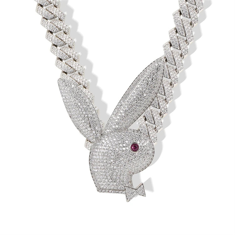 Personality Hip Hop Animal CZ Diamond Bunny Rabbit Head Pendant Necklace for Men and Women