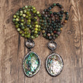 New Bohemian 8mm Green Natural Gemstone Knot India Agate Necklace with Round Glass Rhinestone Seashell Pendant Necklace