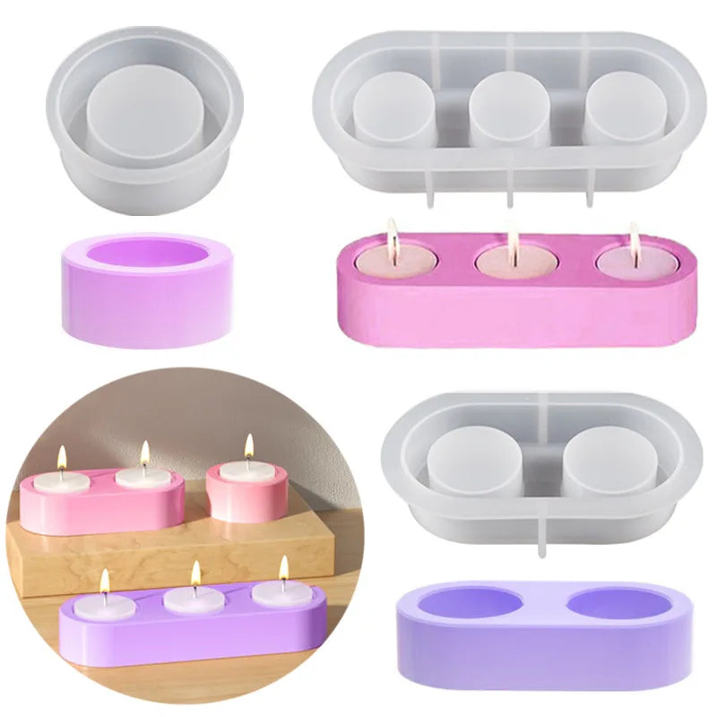 3 Holes Candlesticks Gypsum Silicone Mold DIY Cement Plaster Round Candle Holder Tray Pottery Mould Home Decor Candle Jar Making