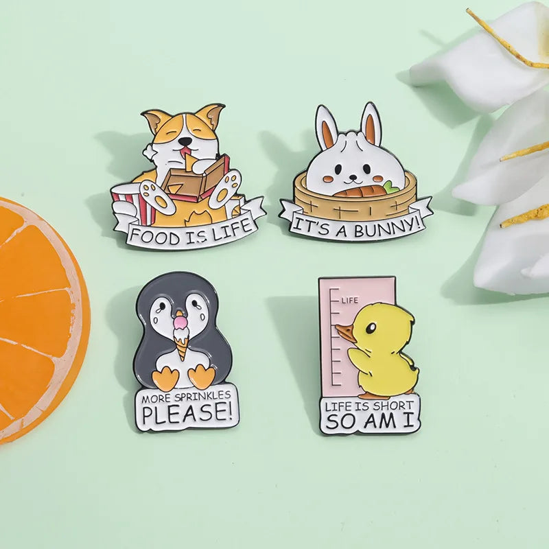 Cartoon Animal Enamel Pins Custom Rabbit Corgi Duck Penguin Brooches Lapel Badges Life Is Short so Am I Jewelry Gift for Friend