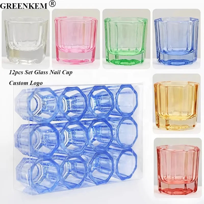 New 12pcs Box Colored Octagonal Nail Glass Washing Cups Without Lids Clear Crystal Nail Dappen Dish Clear Nail Washing Cup