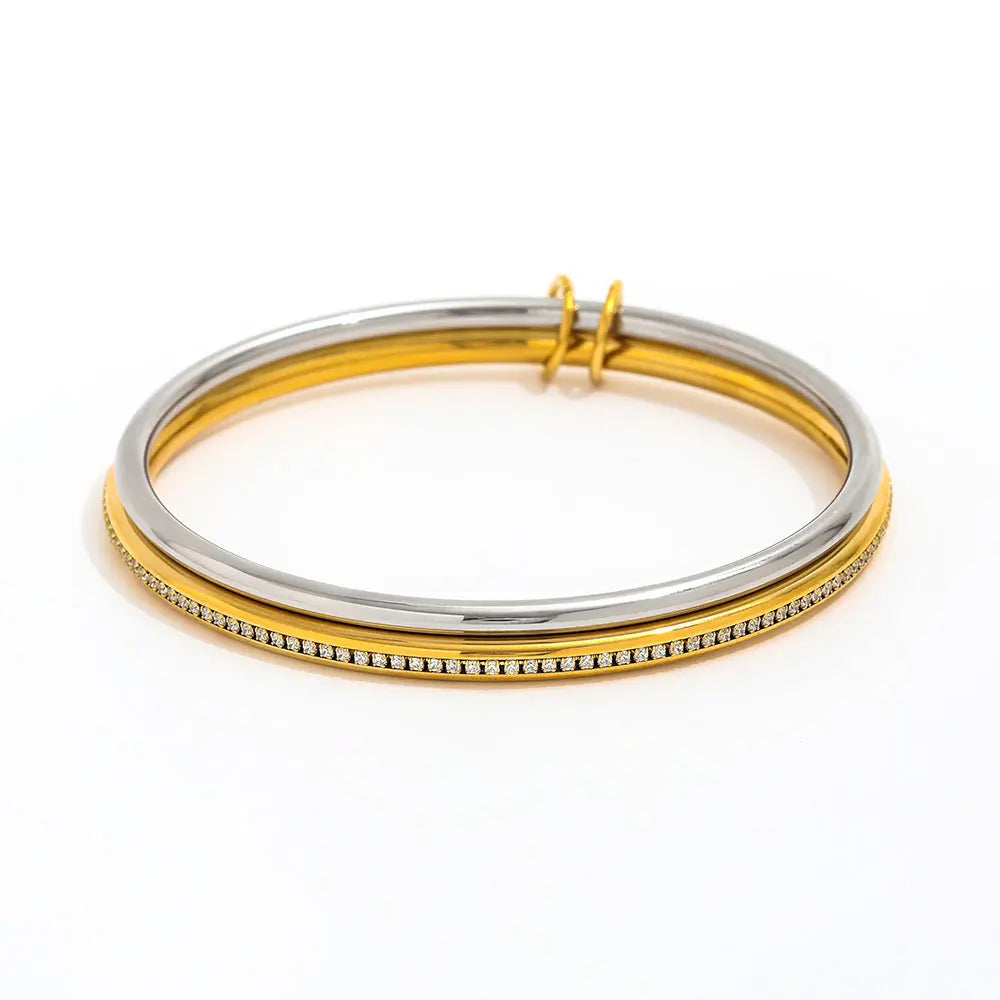 Fenny Waterproof Fashion Two-tone Double Circle Full Zirconia Bangle Bracelet for Women Stainless Steel Jewelry Wholesale