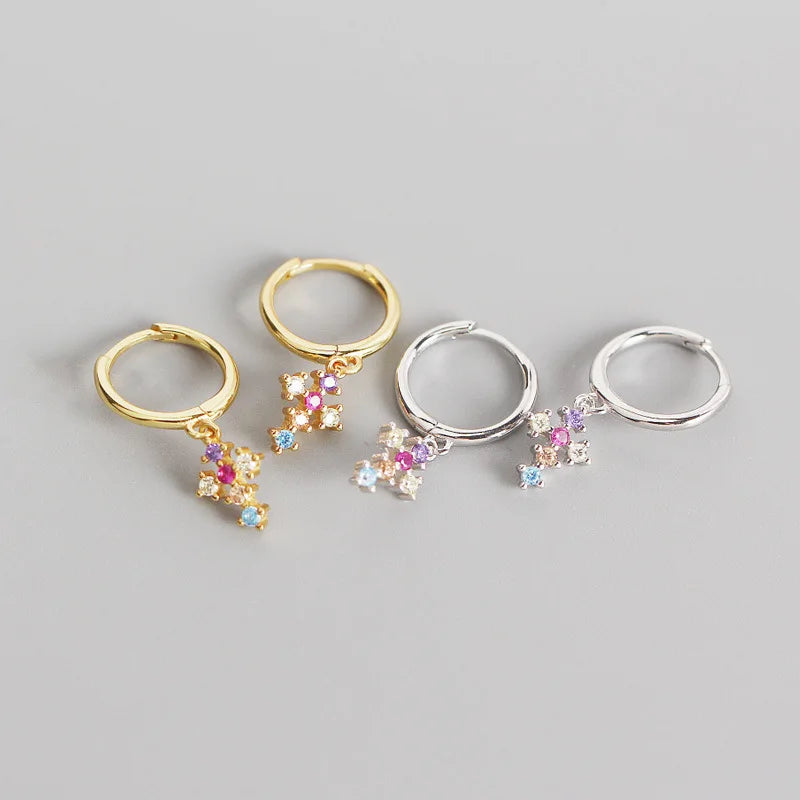 Colorful Zircon Cross Fashion Jewelry Women 925 Sterling Silver Gold Plated Hoop Earrings