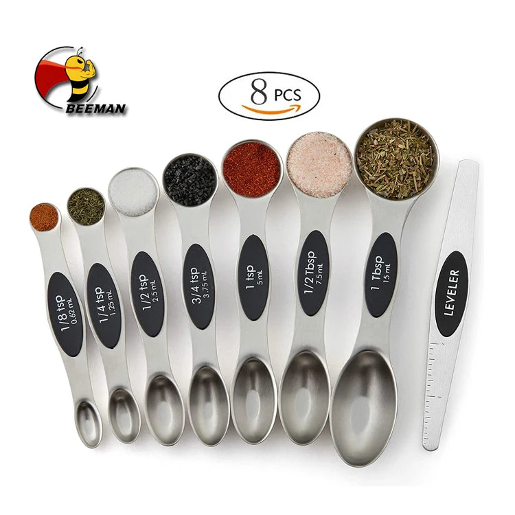 Beeman 8 PCS Set Eco Friendly Stainless Steel Colorful Magnetic Double Ended Cup Tea Measuring Spoon