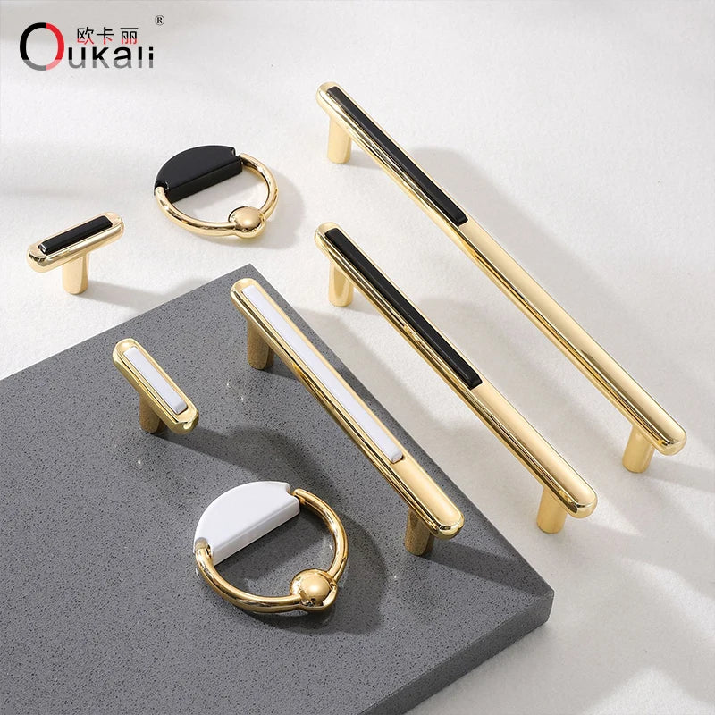 Oukali Wholesale Furniture Zinc Alloy Wardrobe Kitchen Cabinet Pulls Black White Gold Drawer Cabinet Door Knob Handle