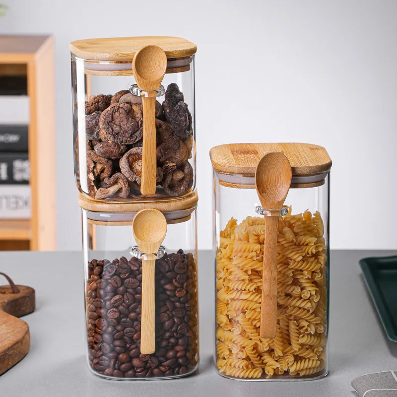 Glass Material and Stock Feature Spice Jar for Food Storage with Bamboo Lid Spoon Heat Resisting