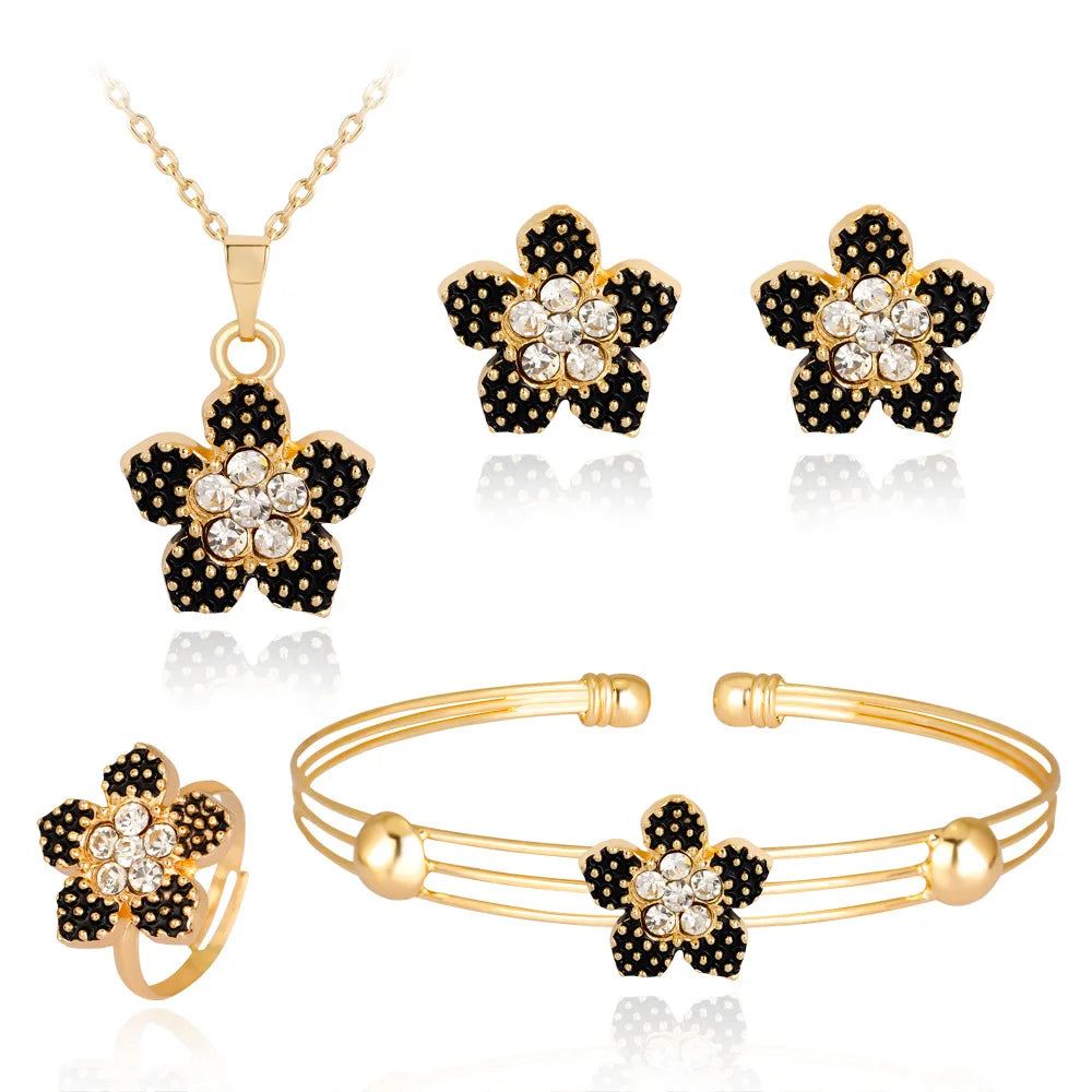 Statement Jewelries Set Exquisite Necklaces and Earrings Bracelet Ring Rhinestone Flower Charming 4 Pieces Bridal Jewelry Set