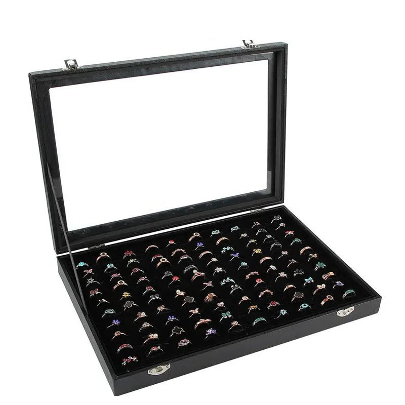 Professional Black 100 Slots Large Ring Display Tray With Cover Luxury Stackable Clear Jewelry Tray With Lid
