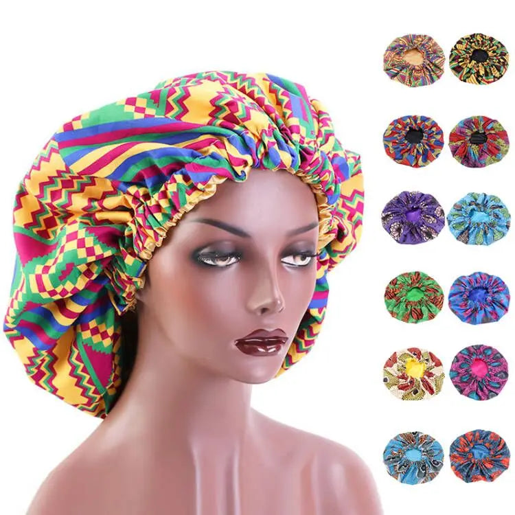 Wholesale Women's Large African Print Double Layer Reversible Night Sleeping Cap Satin Silk Bonnet Travel Sports Parties Beach