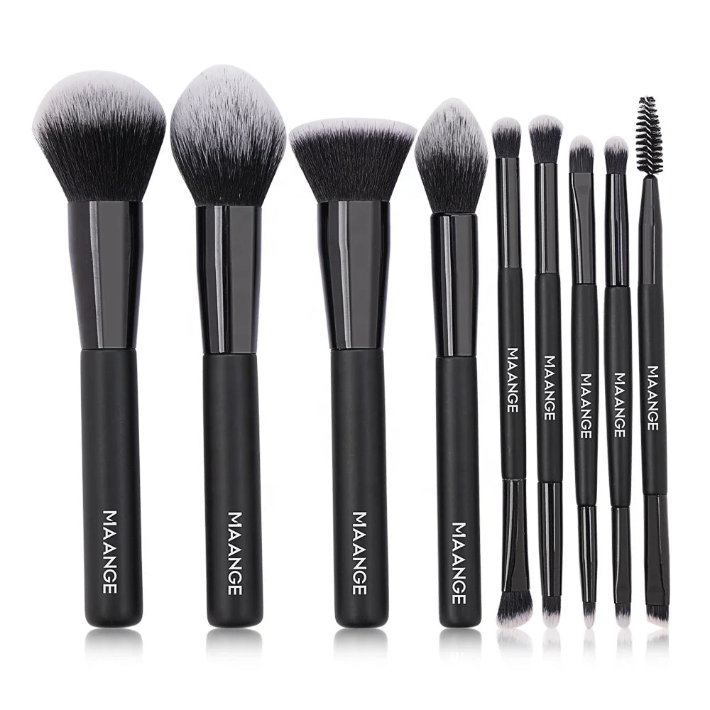 MAANGE High Quality 9pcs Makeup Brush Set New Champagne Black Wooden Powder Blush & Eye Shadow  Face Makeup Brushes