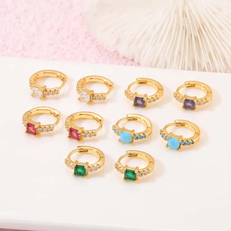 Fashion Multi Colored Square Cubic Zircon 14K Gold Small Hoop Earrings for Women's Jewelry Huggie Earing Supplier