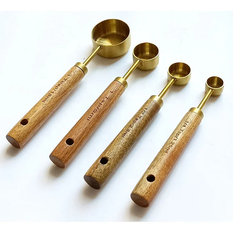 Kitchen Accessories Eco-Friendly Stainless Steel Measuring Spoons Set of 4 with Wooden Handle for Baking and Coffee Use