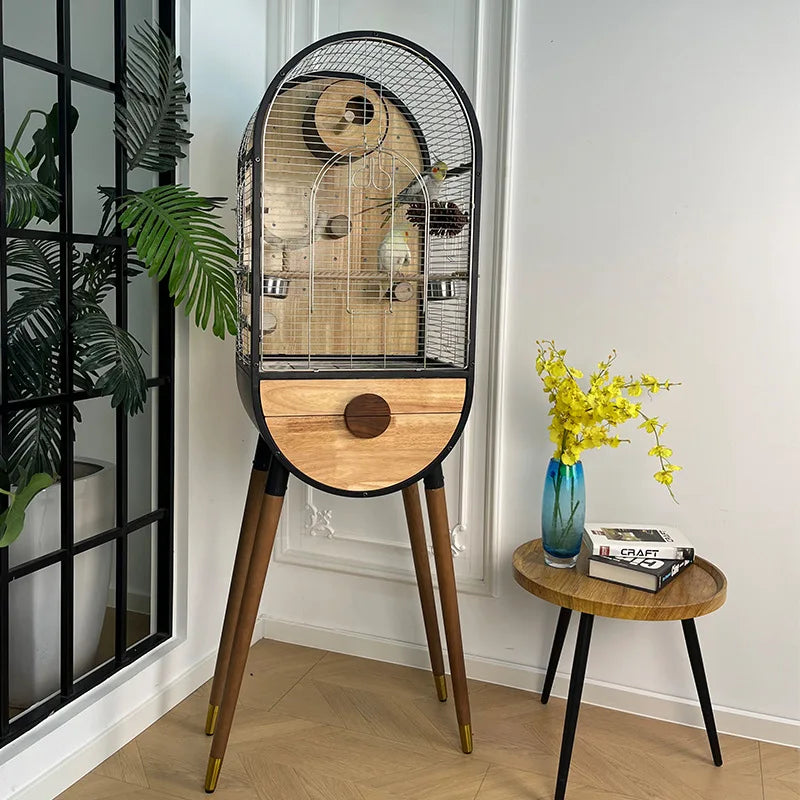 Solid Wood Stainless Steel Birdhouse Large Xuan Wind Birdcage with Button Closure Golden Sun Monk Interior Layout for Parrots