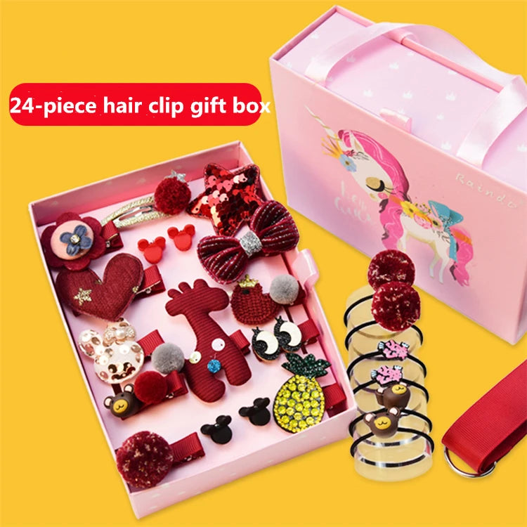 Factory Wholesale New 24-piece Children's Hair Accessories Gift Box Set Girl Hairpin Rubber Band