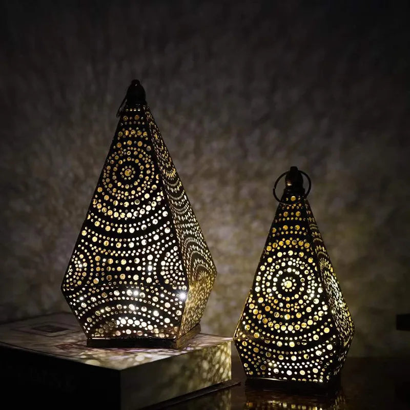 Z4 New Metal Geometric Decorative Home Iron Art Ornament Cross-border Led Moroccan Style Lantern Hollow Lamp Candle Holder Jars