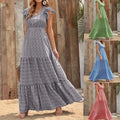 S-2XL Women's Long Dress High-Waisted Floral-Print Short Sleeves V-Neck Dress European and American Style Fashion Clothing