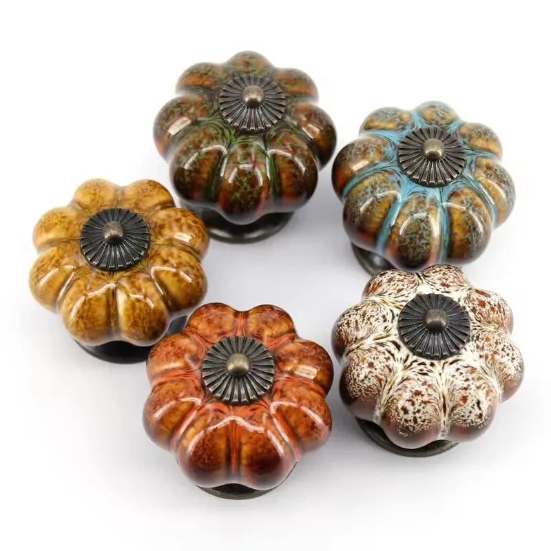 Adjustable European Vintage Kitchen Cabinet Handle Pumpkin Ceramic with Leopard Design for Dresser & Bedroom Furniture