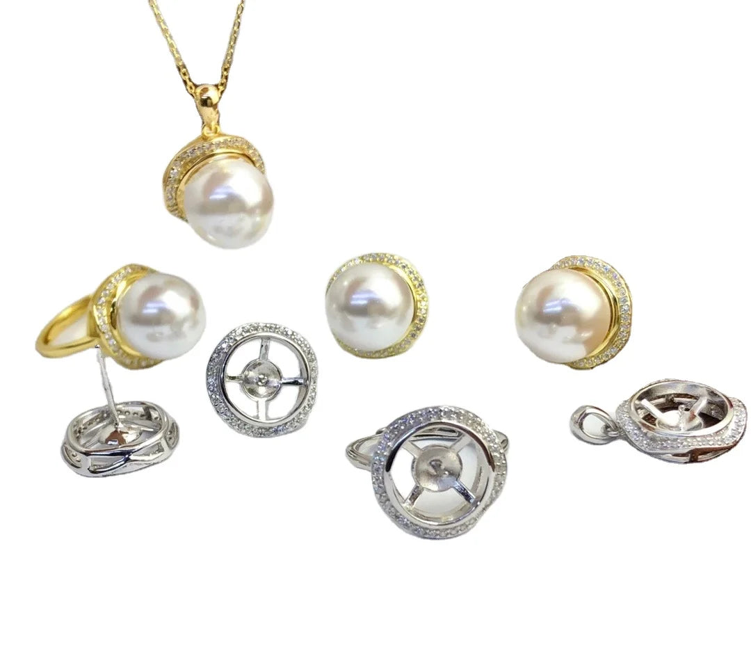 JW097 11-12mm  DIY Natural Real Freshwater Pearl Set Charm  Accessories 925 Sterling Silver  Gold Plated Jewelry Set for Women