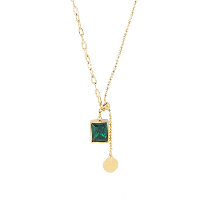 Fashion Gold Plated Emerald Square Choker Necklace Waterproof Stainless Steel CZ Geometric Pendant Necklace for Women
