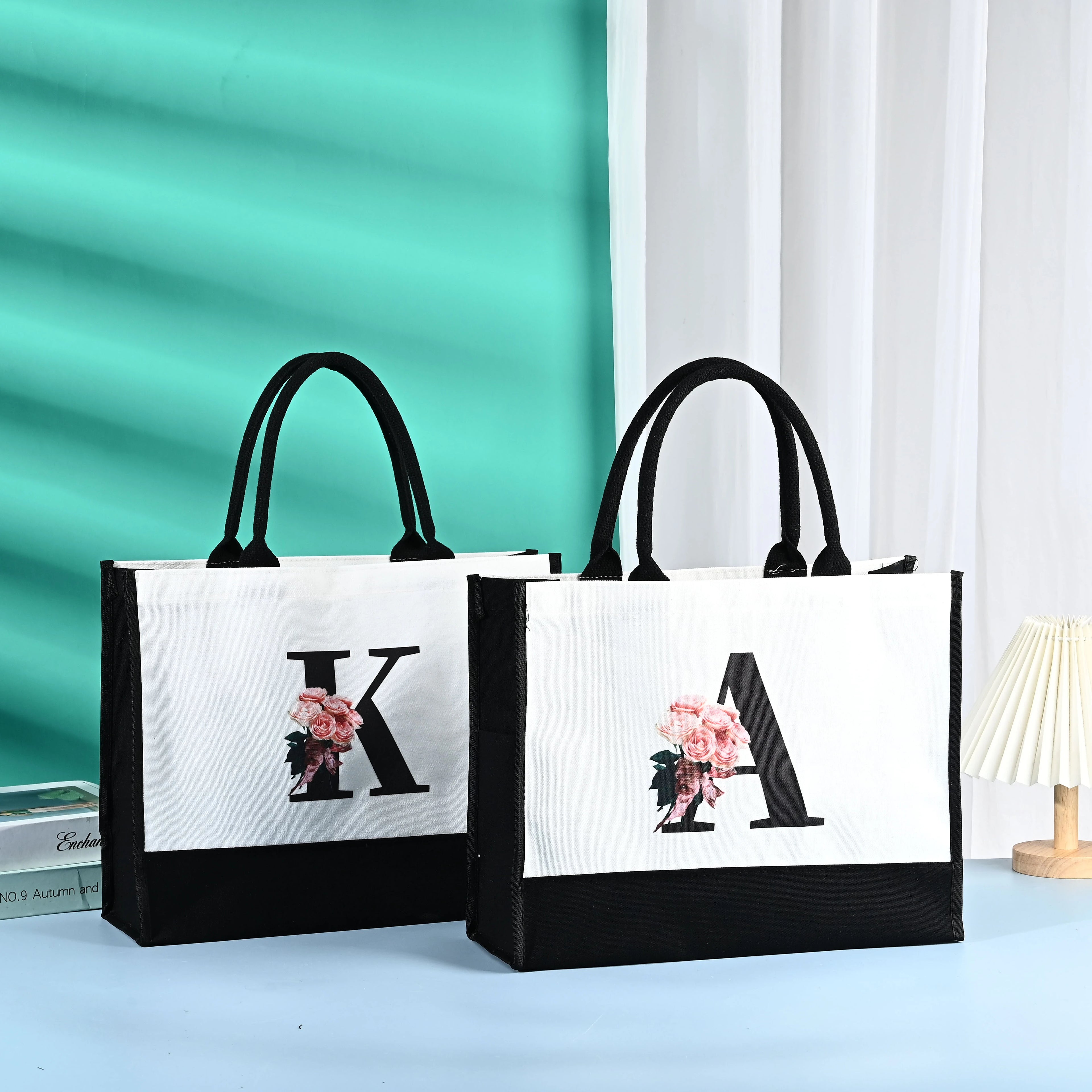 Personalized Initial Canvas Cotton Beach Gift Tote Bag Monogrammed Beach Bag with Letter Printed for Shopping
