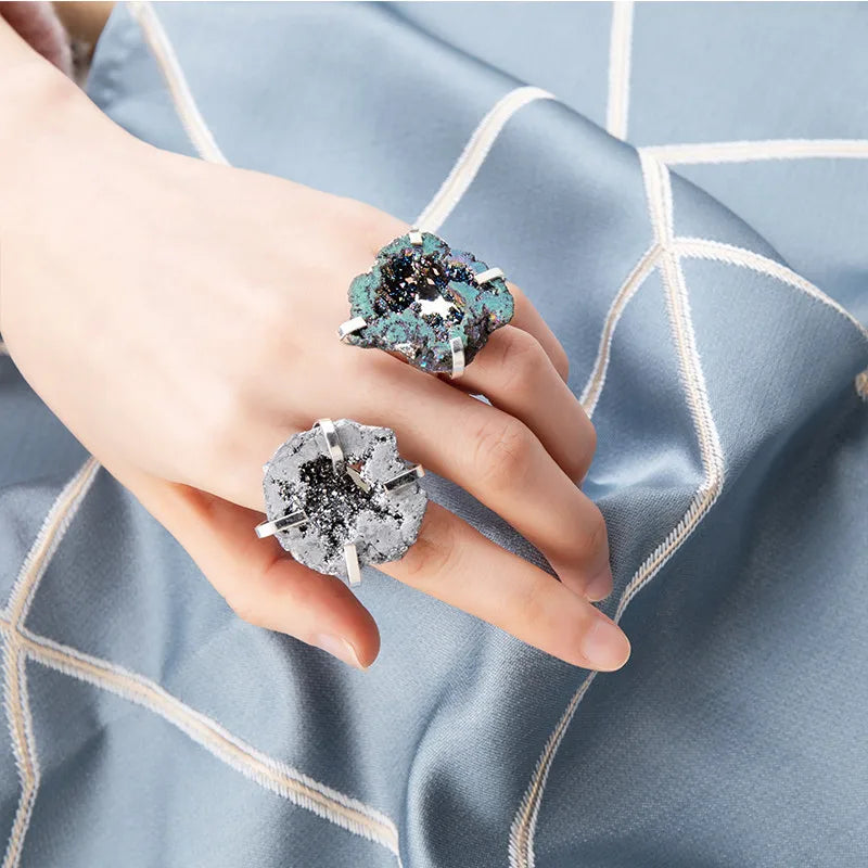 Natural Agate Geode Quartz Electroplated Cluster Crystal Points Rings Gold Plated 100% Natural Agate Crystal Rings