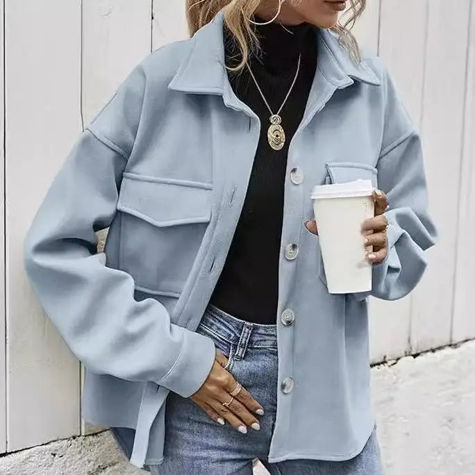 S-2XL Wool Loose  Jacket Collar Solid Color Jacket Single Breasted Thickened Jacket