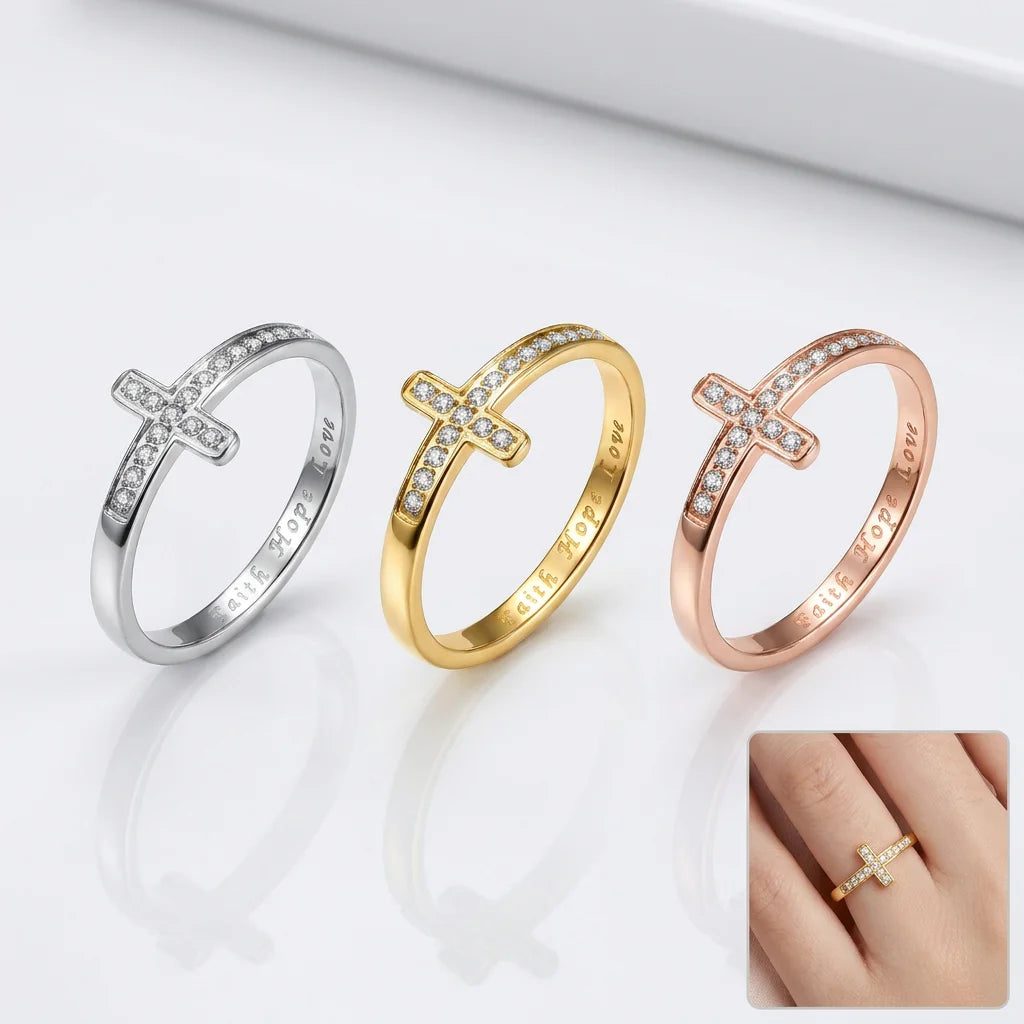 Stainless Steel CZ Cross Ring Faith Hope Love Engraved Sideways Cross Zircon Ring Wholesale Christian Religious Jewelry Ring