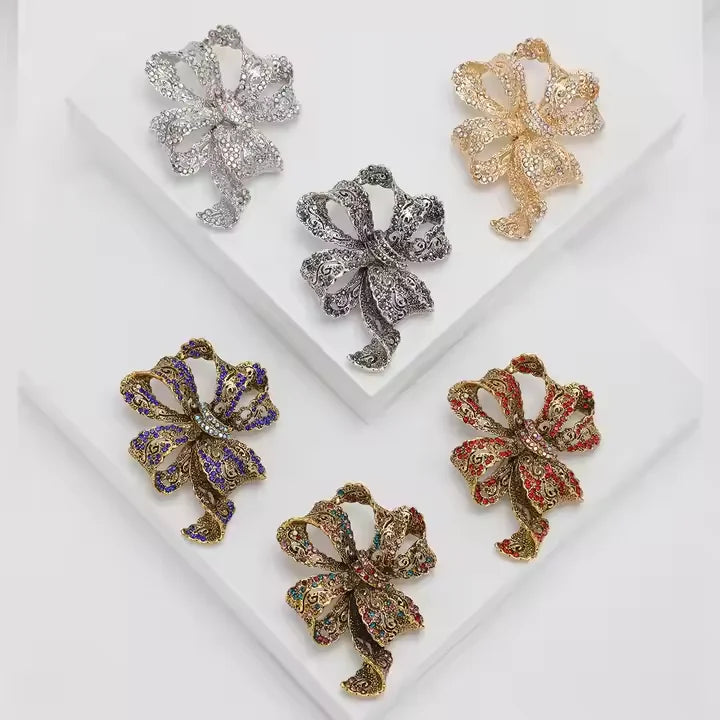 Fashion Women Children's Vintage Luxury Rhinestone Alloy Geometry Safety Pin Ribbon Bow Brooch for Wedding Clothing Accessories